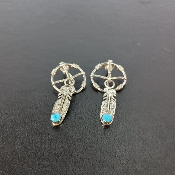 Native America Navajo Sterling Silver Turquoise Post / Dangling Feather Earrings - Picture 2 of 7